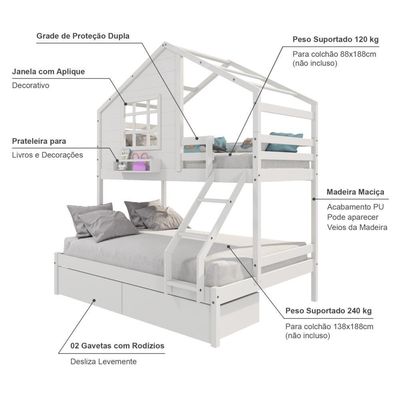Beliche Casinha Janela Casal Solteiro 2 Gavetas Branco