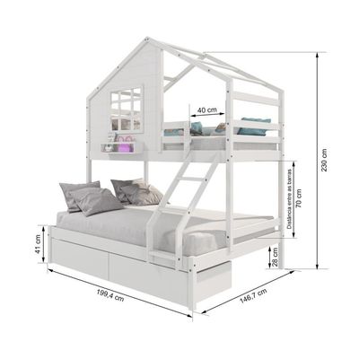 Beliche Casinha Janela Casal Solteiro 2 Gavetas Branco