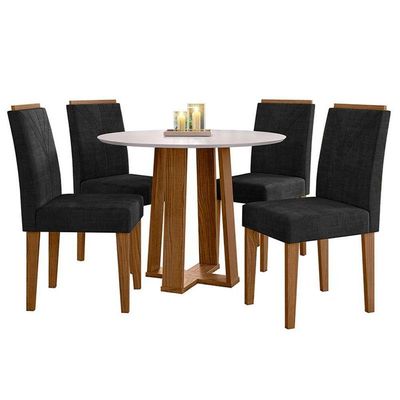 Mesa De Jantar 100x100cm Isabela Com Vidro Ype Off White E 4 Cadeiras Amanda Ype Veludo Preto - New Ceval