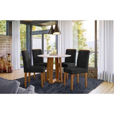 Mesa De Jantar 100x100cm Isabela Com Vidro Ype Off White E 4 Cadeiras Amanda Ype Veludo Preto - New Ceval