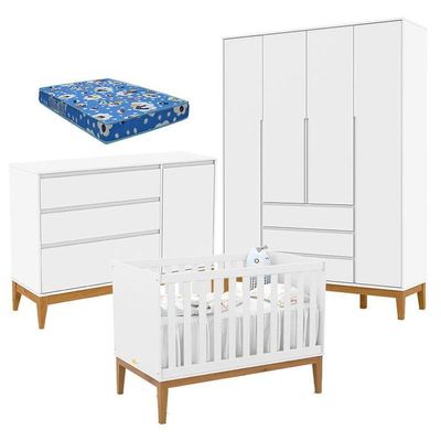Quarto De Bebê Nature Clean 4 Portas Com Berço Unique Branco Soft Eco Wood E Colchão Ortobom