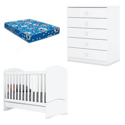 Berço Nacional Bala De Menta E Cômoda Infantil Pique-esconde Branco Com Colchão Ortobom