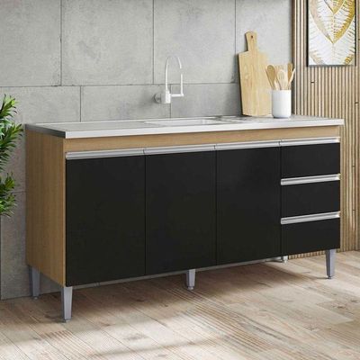 Balcão De Pia Andréia 150 Cm Amendoa Preto - Ajl