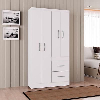 Cômoda 868 4 Gavetas E 1 Porta Com Guarda Roupa Solteiro Milão 4 Portas Branco Brilho - Poquema