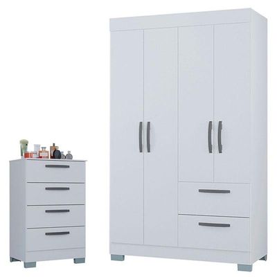 Cômoda 867 4 Gavetas E Guarda Roupa Solteiro Tóquio 4 Portas Branco Brilho - Poquema