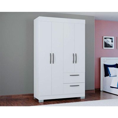 Cômoda 867 4 Gavetas E Guarda Roupa Solteiro Tóquio 4 Portas Branco Brilho - Poquema