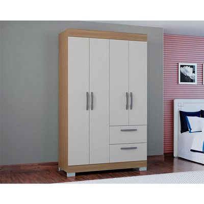 Guarda Roupa Solteiro Tóquio 4 Portas Com Armário Multiuso 2 Portas Pequeno Castanho Off White - Poquema