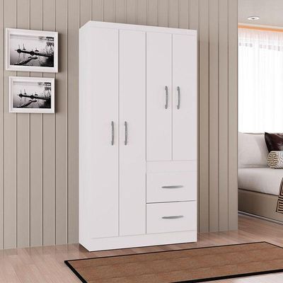 Cômoda 867 4 Gavetas Com Guarda Roupa Solteiro Milão 4 Portas Branco Brilho - Poquema