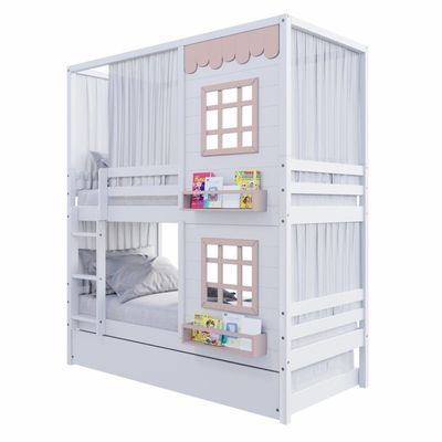 Treliche Casinha 2 Janelas Cortina Madeira Branco-Rosa