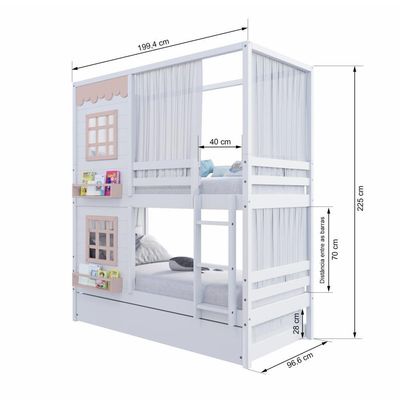 Treliche Casinha 2 Janelas Cortina Madeira Branco-Rosa