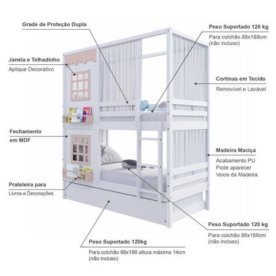 Treliche Casinha 2 Janelas Cortina Madeira Branco-Rosa