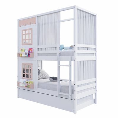 Treliche Casinha 2 Janelas Cortina Madeira Branco-Rosa
