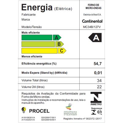 Micro-ondas Continental Branco 34 Litros com Função Descongelar (MC34B) 220V