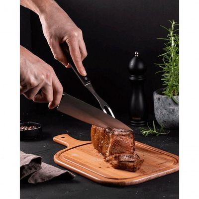 Kit Para Churrasco Tramontina Em Aço Inox Cabo Castanho Polywood Com Tabua De Madeira 3 Peças