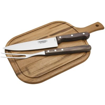 Kit Para Churrasco Tramontina Em Aço Inox Cabo Castanho Polywood Com Tabua De Madeira 3 Peças