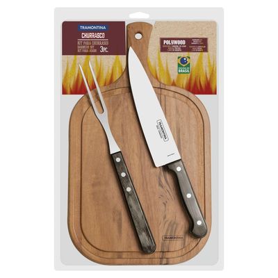Kit Para Churrasco Tramontina Em Aço Inox Cabo Castanho Polywood Com Tabua De Madeira 3 Peças