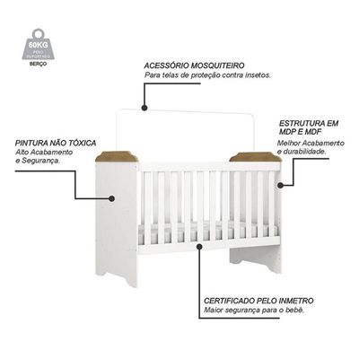 Berço Americano Mini Cama Mel Branco Acetinado Amadeirado Com Colchão Ortobom - Carolina
