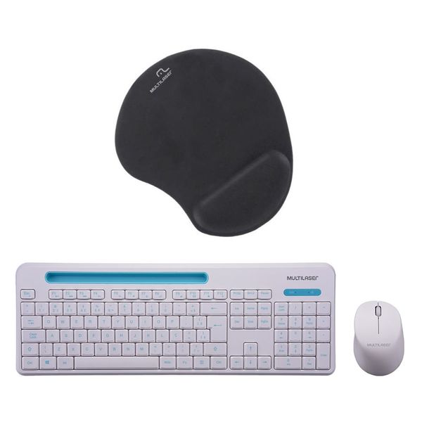 Combo Office - Teclado e Mouse Multimídia sem Fio 2.4Ghz Branco e Mouse Pad Com Apoio Ergonômico em Gel Preto Multilaser - TC281K TC281K