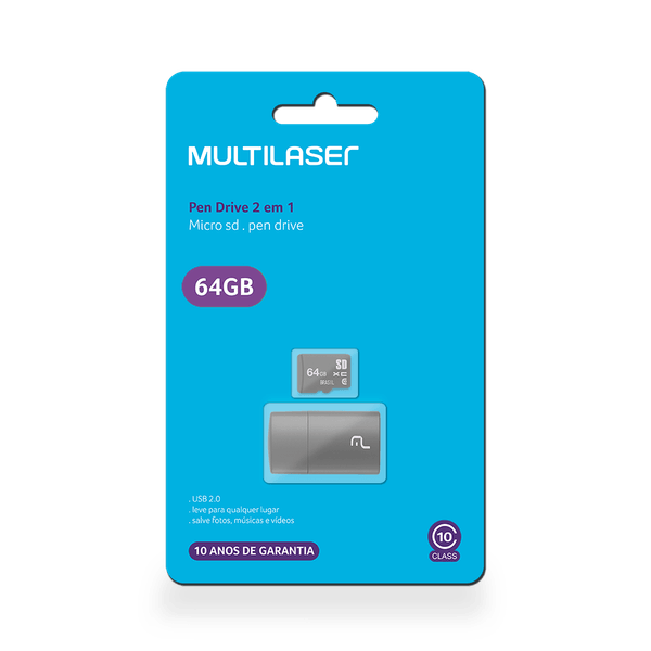 Pen Drive 2 em 1 Leitor USB + Cartão de Memória Classe 10 64GB Preto Multilaser - MC164 MC164