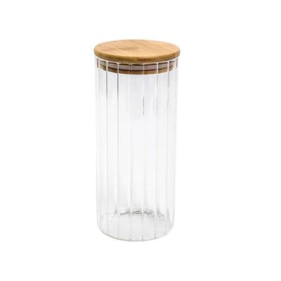 Kit Pote De Vidro Canelado Com Tampa Em Bambu 800ml E 1100ml