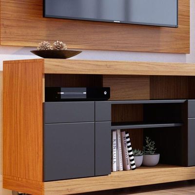 Rack Bancada Ambiente Yara E Painel Para Tv Maia Noce Milano Preto Acetinado - Colibri
