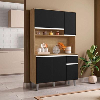 Armário Para Cozinha Kit Márcia Amendoa Preto - Ajl