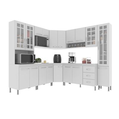 Cozinha Modulada Completa Fidelitá Viena 8 Peças 445cm 18 Portas 3 Gavetas Com Tampo Branco