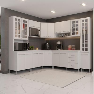 Cozinha Modulada Completa Fidelitá Viena 8 Peças 445cm 18 Portas 3 Gavetas Com Tampo Branco