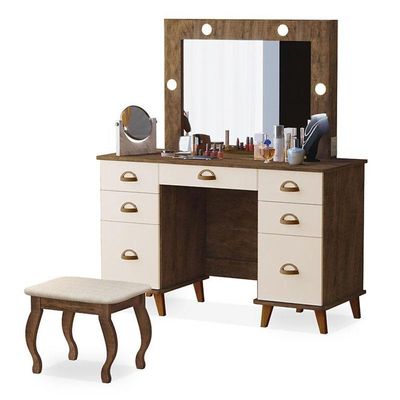 Penteadeira Camarim New Seul Com Banqueta Almofadada Ambiente Malbec Off White - Luapa