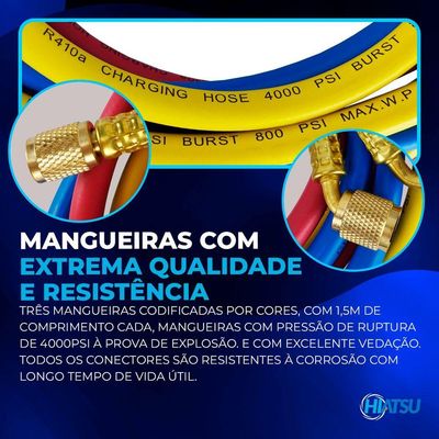 Manifold Premium Gás R22 R32 R134a E R410a Com Mangueiras 1,50m E Adaptadores Mph-332 Hiatsu