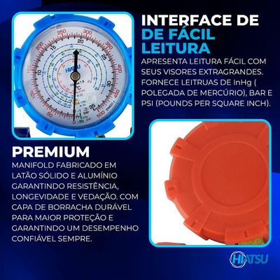 Manifold Premium Gás R22 R32 R134a E R410a Com Mangueiras 1,50m E Adaptadores Mph-332 Hiatsu