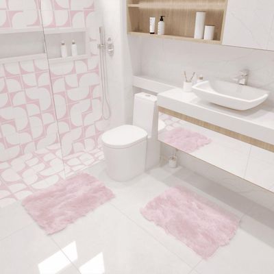 Kit Tapete Banheiro Felpudo Peludo Rosa Bebe 40 X 60 Cm