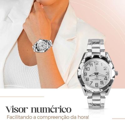 Relogio Feminino Prova Dagua Prata Aço + Caixa + Pulseira Casual Resistente Social Presente Original