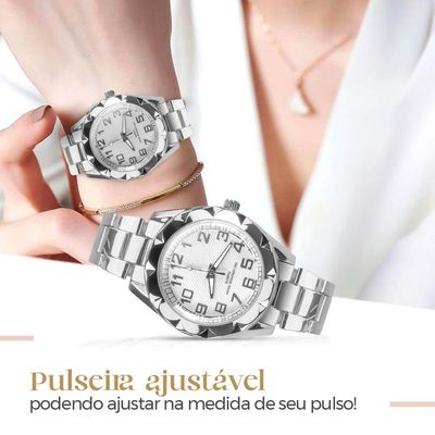 Relogio Feminino Prova Dagua Prata Aço + Caixa + Pulseira Casual Resistente Social Presente Original