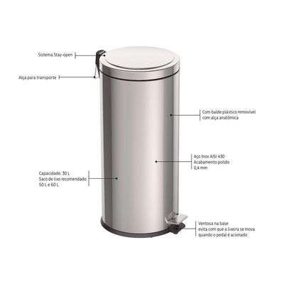 Lixeira Inox Com Pedal Tramontina Brasil Com Acabamento Polido E Balde Interno Removível 30 L