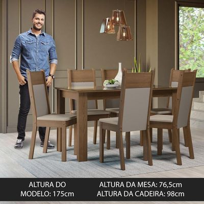 Mesa de Jantar Tampo Vidro 6 Cadeiras Rustic-crema-bege