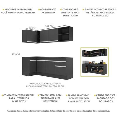 Armário De Cozinha Compacta De Canto Com Rodapé Veneza Multimóveis V2093 Preto/branco Preto/branco