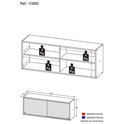 Armário De Cozinha Aéreo 120cm 2 Portas Vidro Veneza Multimóveis V3683 Branco/dourado Branco/dourado