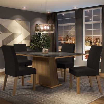 Sala Jantar Mesa Vidro 4 Cadeiras Rustic-preto