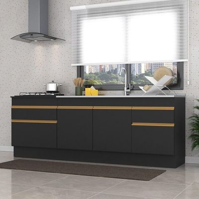 Kit Com 2 Balcões De Cozinha 150cm E 70cm Com Rodapé Veneza Multimóveis V2108 Preto/dourado