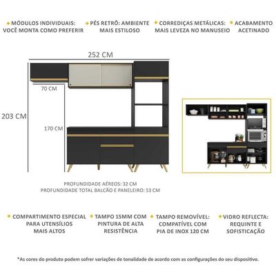 Cozinha Compacta 4 peças Armário e Balcão Veneza Gb Preta