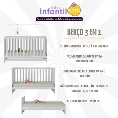 Berço 3 Em 1 Para Colchão 130 X 60cm Doce De Leite Multimóveis Mp0527r Branco