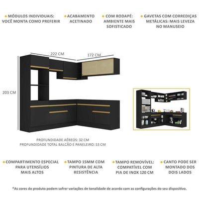 Armário De Cozinha Completa De Canto V2099 Preto/dourado