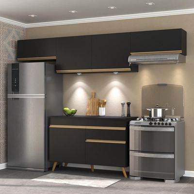 Armário De Cozinha Compacta 260cm Com Leds Veneza Up Multimóveis V2022 Preto/dourado Preto/dourado