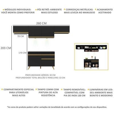 Armário De Cozinha Compacta 260cm Com Leds Veneza Up Multimóveis V2022 Preto/dourado Preto/dourado