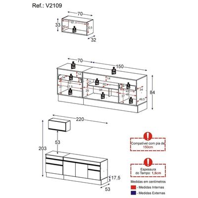 Armário De Cozinha 220cm Com Rodapé Multimóveis Preto/branco