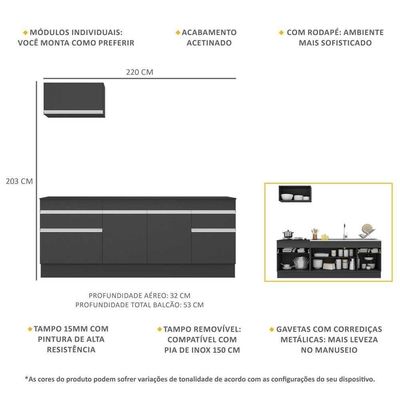 Armário De Cozinha 220cm Com Rodapé Multimóveis Preto/branco