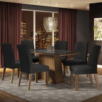 Mesa Jantar Vidro 6 Cadeiras Rustic-Preto-Oxford