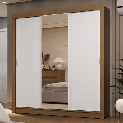Guarda-roupa Casal 3 Portas Correr 2 Gavetas Rústico/Branco