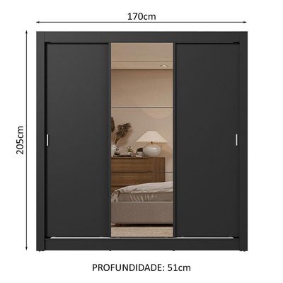 Guarda-roupa Casal 3 Portas Correr 2 Gavetas Preto Sublime